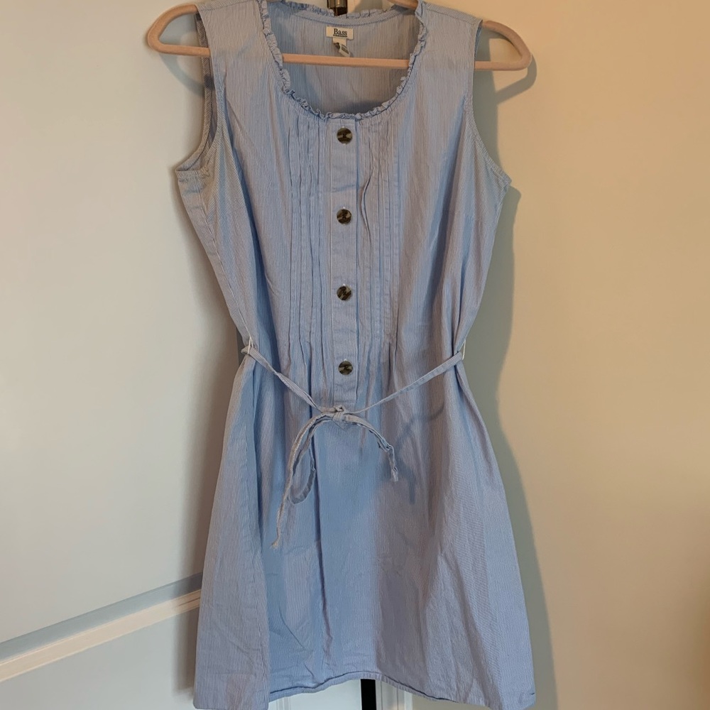 Blue and white striped dress with tie waist